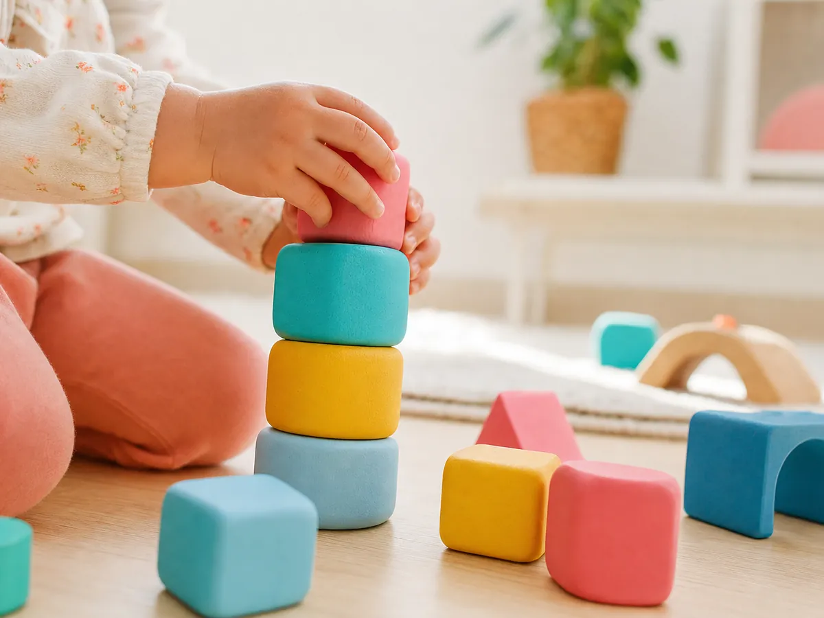 Kleine handjes stapelen ronde houten blokken in roze, turkoois en geel