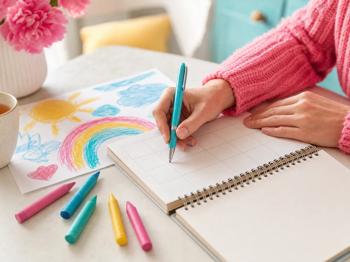 Iemand schrijft met een turquoise pen in een planner, naast krijtjes en een kindertekening met een regenboog
